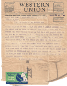 NBC Telegram from H. Leopold Spitalny of NBC to Robert Bloom.